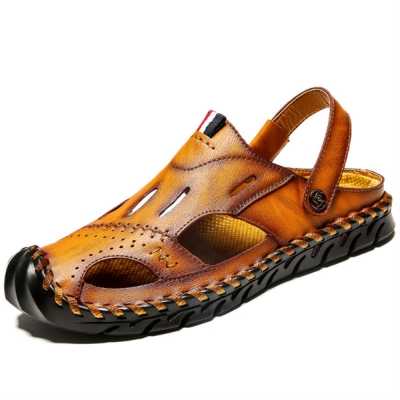 Summer Cow Leather Men's Sandals Beach Shoes Handmade Outdoor Casual Sandals Shoes Man Soft Luxury Hollow