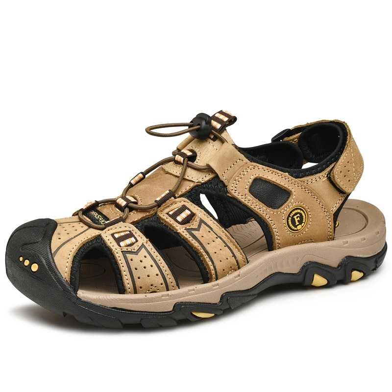 Summer Cow Men's Sandals Leather Beach Shoes Handmade Outdoor Casual Sandals Shoes for Man Soft Luxury Hollow