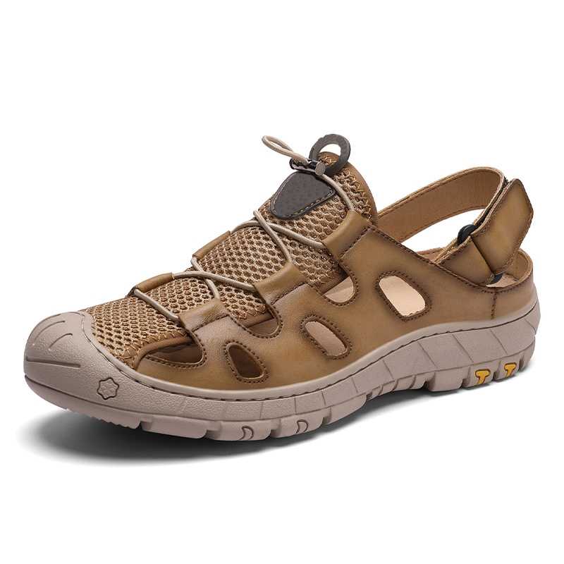Summer Cow Leather Men's Casual Sandals Breathable Mesh Handmade Sewing Sandals for Men Outdoor Beach Walking Shoes for Men