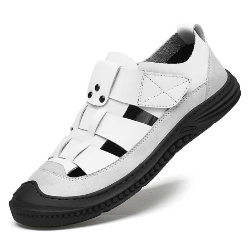 Luxury Business Men's Leather Sandals Summer Handmade Driving Dress Shoes For Man Breathable Soft Velcro Male Leather Men Shoes
