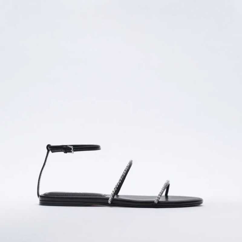 2021 new women's shoes Black round head Rhinestone flat sandals Low heel women's shoes with ankle straps