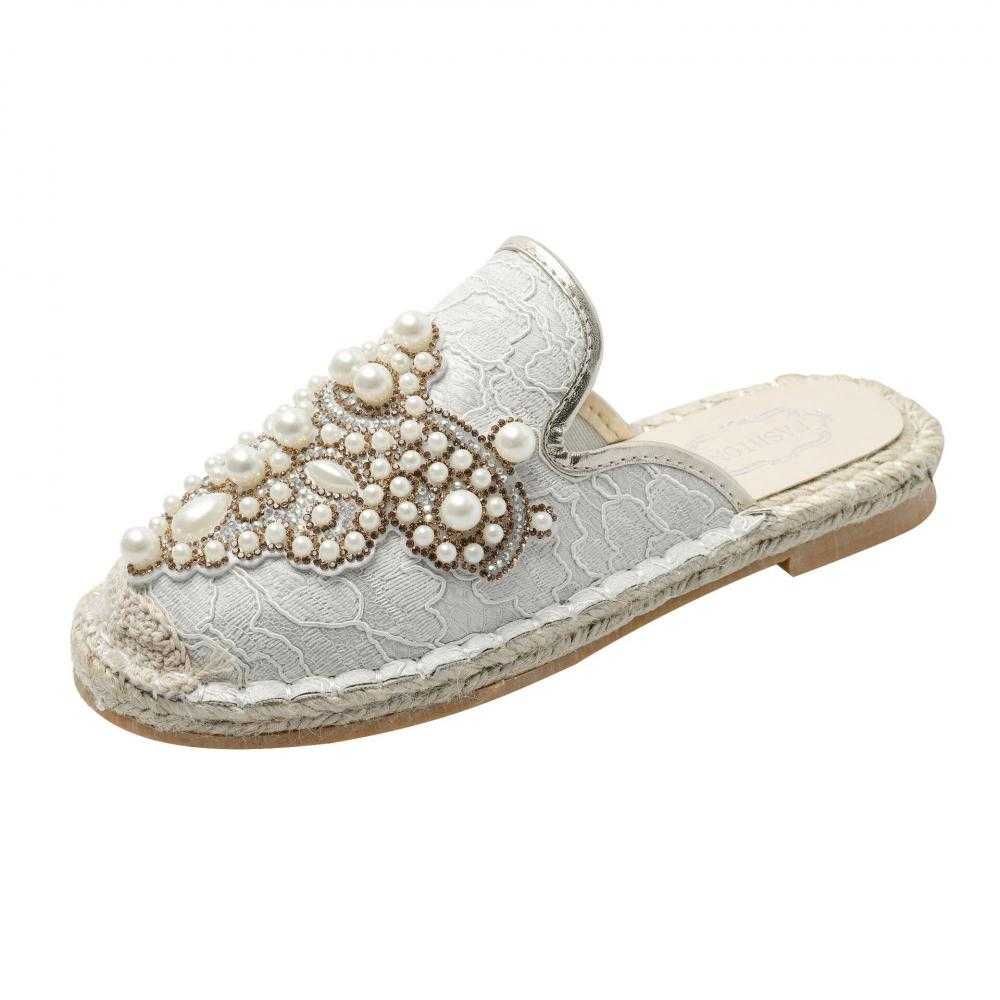 New Woman's Pearl Fashion Women's Slippers Loafers Ladies Ethnic Flats Round Toe Female Slides Comfortable Women's Walking Shoes