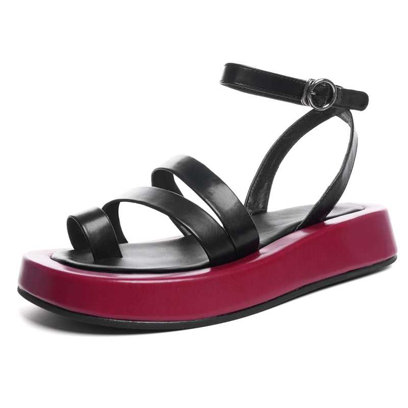 Black White Genuine Leather Clip Toe Flat Platform Sandals Women Summer Casual Shoes  2021
