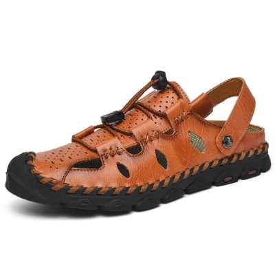 Leather Hand Sewing Driving Beach Sandals Elastic Band Welt Sewing Man Slippers Summer Bigger Size Outdoor Hiking Sandals 38 46