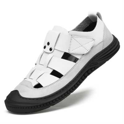 Luxury Business Men's Leather Sandals Summer Handmade Driving Dress Shoes For Man Breathable Soft Velcro Male Leather Men Shoes